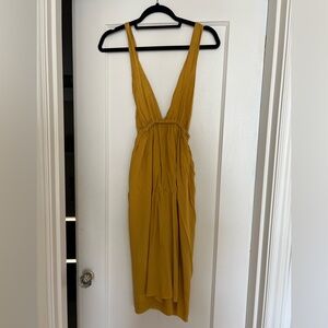 Mustard Yellow Deep-V Mid-Length Dress